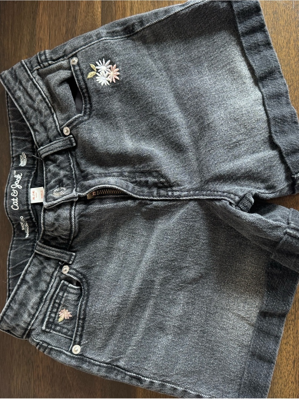 Cat & Jack Black Washed Denim Shorts with Floral Embroidery